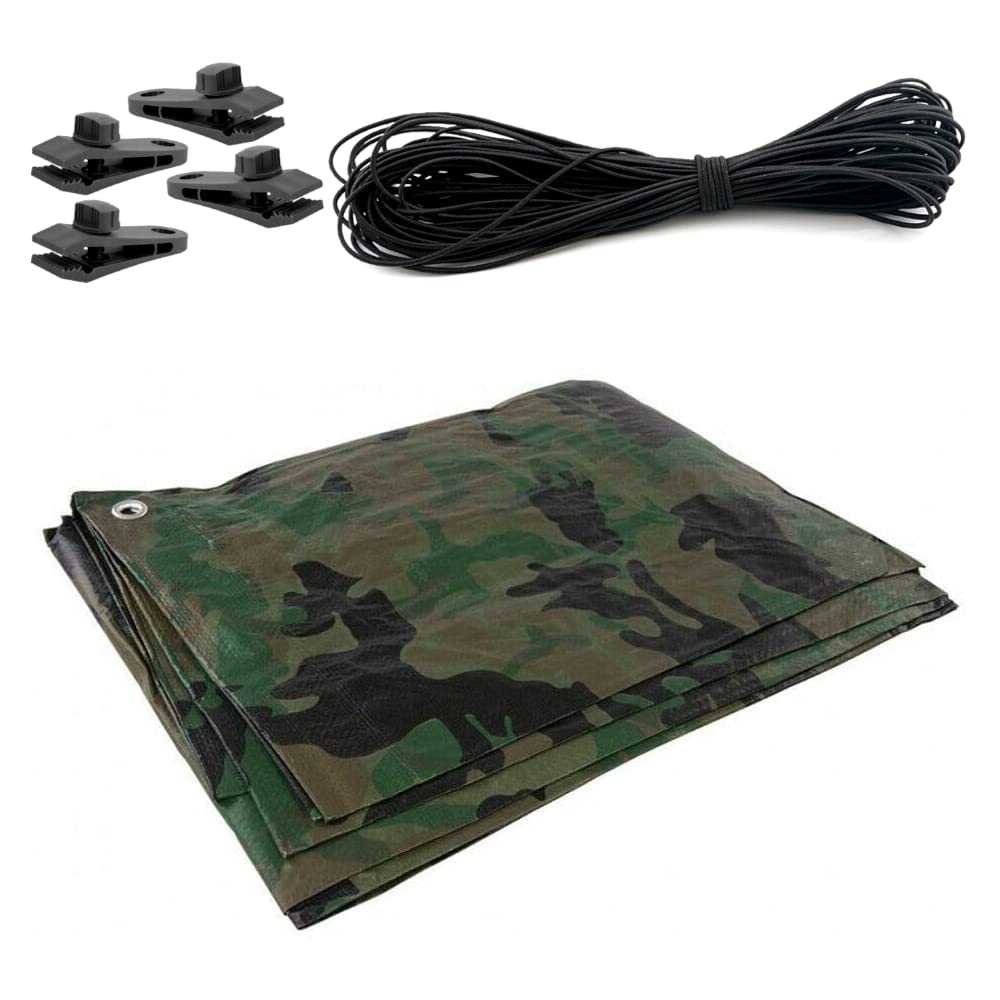 1.5 x 2m Tarpaulin Waterproof Heavy Duty Cover Ground Sheet Camping with 4 Tarp Clips + 10m / 30ft Bungee Cord (Camo/Army - 90GSM)