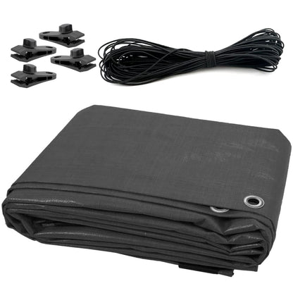 1.5 x 2 m Tarpaulin Waterproof Heavy Duty Cover Ground Sheet Camping with 4 Tarp Clips + 10m / 30ft Bungee Cord (Grey - 200GSM)