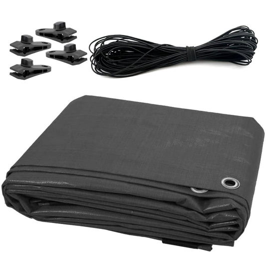 5 x 5 m Tarpaulin Waterproof Heavy Duty Cover Ground Sheet Camping with 4 Tarp Clips + 10m / 30ft Bungee Cord (Grey - 200GSM)