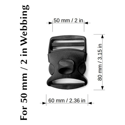 8 x Side Release Buckles, Heavy-Duty with a Lock Slider, Black Plastic Buckles for 50 mm / 2 in Webbing Strap