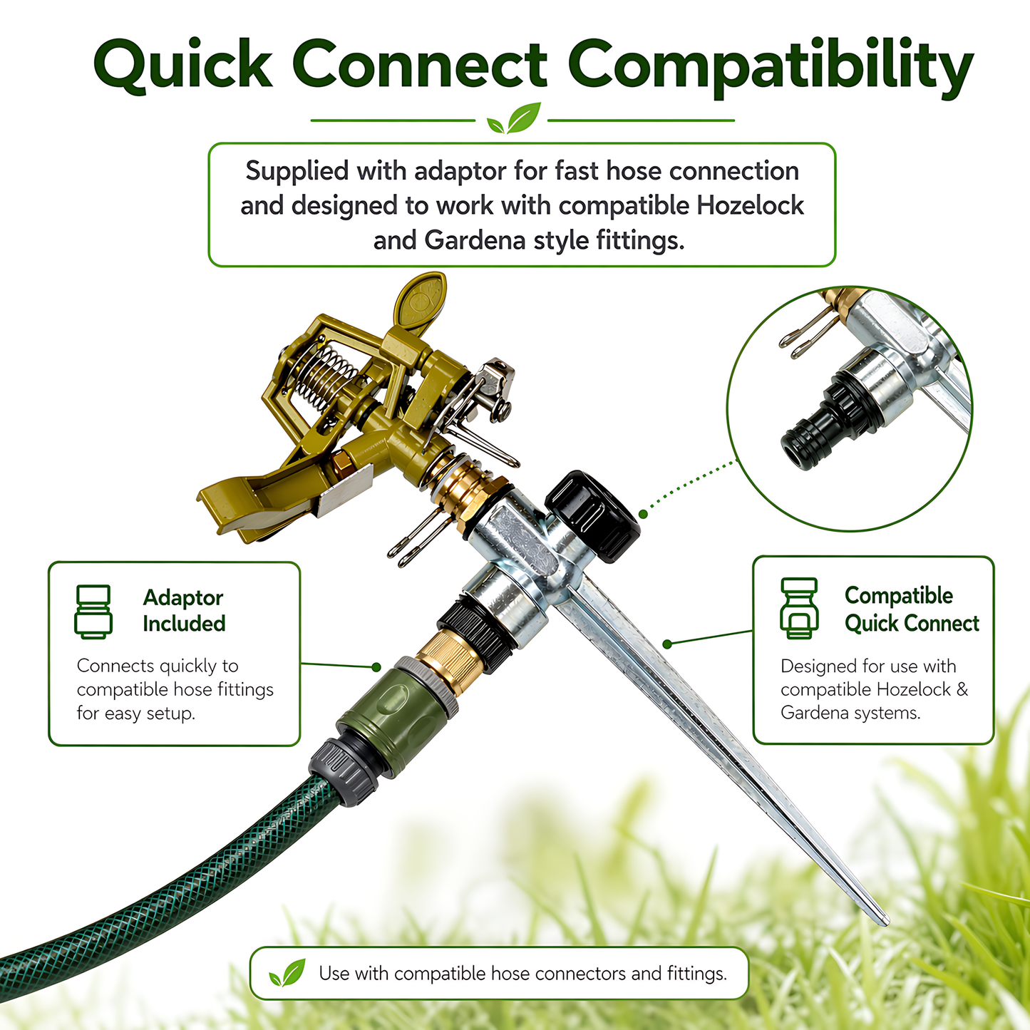 Pulsating Garden Sprinkler 360 Degree - Metal Impact Head, Adjustable Arc, Quick Connector Adaptor Compatible with Hozelock