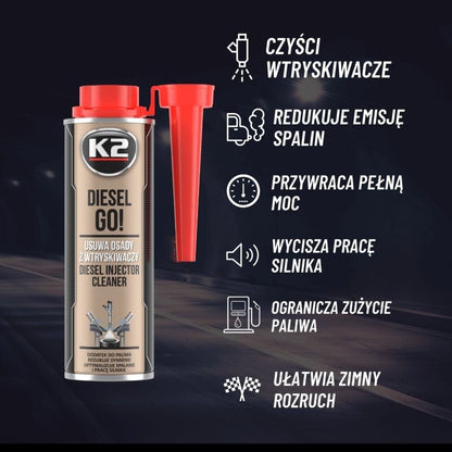 K2 Diesel Go 250ml Diesel Injector Cleaner - Fuel Additive for Common Rail, DPF and FAP Systems, High Pressure Injectors