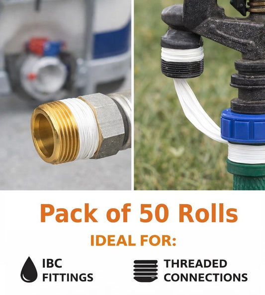 PTFE Thread Seal Tape 50 Rolls - Plumbers Tape 10m x 12mm - Leak Proof Thread Sealing for Water Gas Air Pipe Fittings - Heat Pressure Chemical Resistant - Plumbing Irrigation Maintenance
