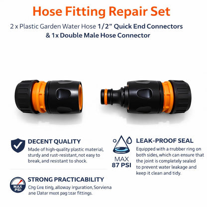 Hose Repair Set 1/2 Inch Quick Connectors - 2 End Hose Fittings Plus Double Male Joiner - Hozelock Gardena Compatible - Orange