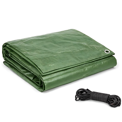 Green Tarpaulin 10 x 10 m 90 GSM Waterproof UV Resistant PE Tarp Sheet, Aluminium Eyelets, Reinforced Edges, 10m Bungee