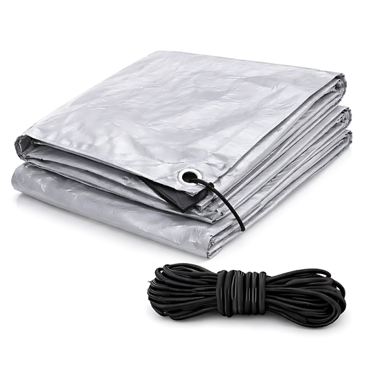 Heavy Duty Silver Tarpaulin 6 x 6 m 260 GSM Waterproof Weather Resistant Poly Tarp, Reinforced Edges & Eyelets, 10m Bungee