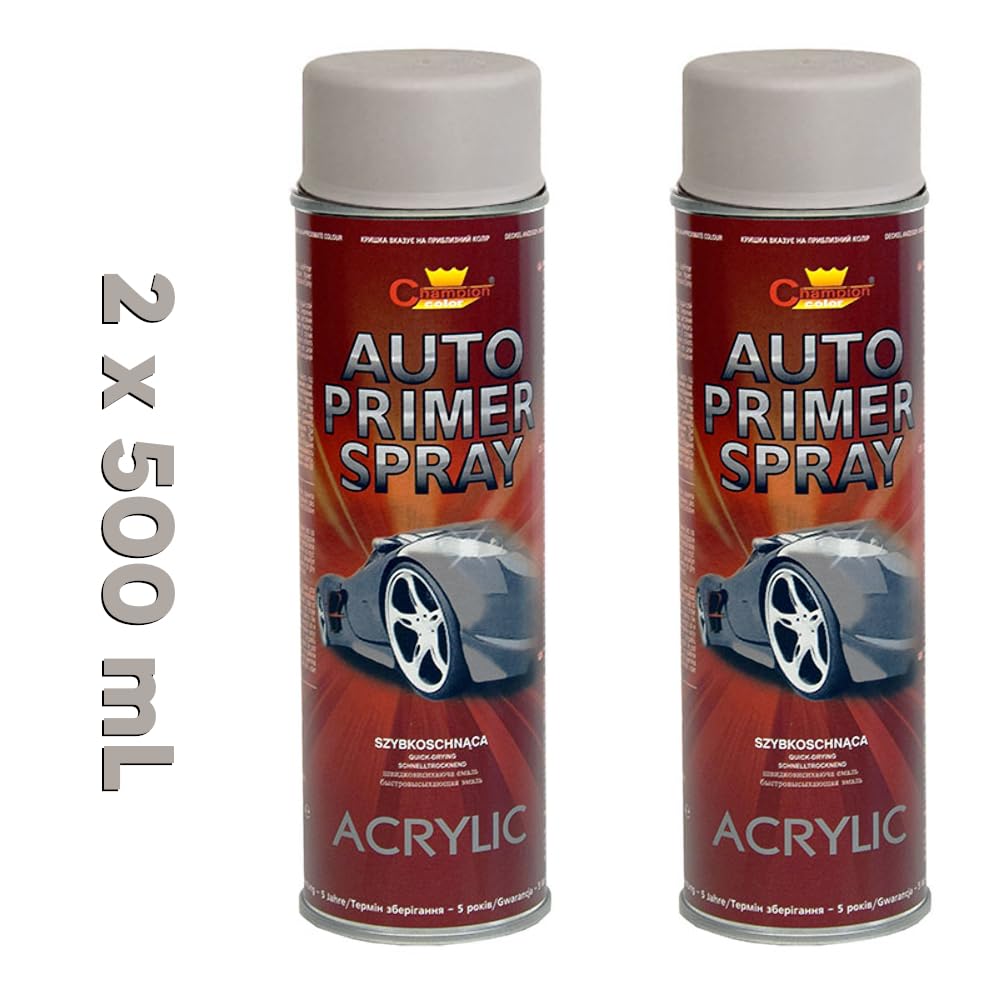 2 x 500 mL Grey Acrylic Auto Primer Spray - Anti-Corrosion Undercoat for Steel and Cast Iron - for Car Body Panels, Alloy Wheels, Hub Caps and Metal Parts, Fast Drying, Hard and Flexible Base Coat