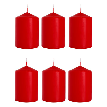 Set of 6 Pillar Candles, Votive Candles, Decorative Household Candles - Up to 66 Hours - 15 x 7 cm / 6 x 2.75" (Red, Matt)