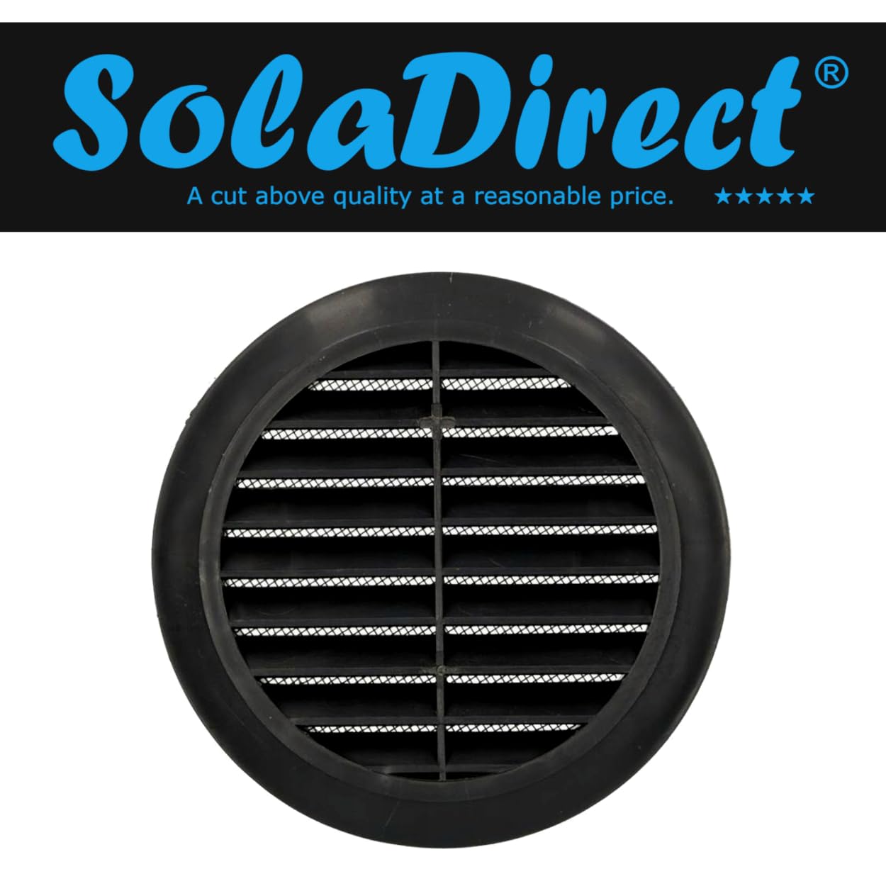 Black Louvred Wall Vent Grille with Flyscreen for 125 mm / 5" Round Wall Outlet - Air Ventilation Duct Cover with Flange