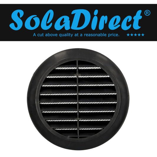 Black Louvred Wall Vent Grille with Flyscreen for 125 mm / 5" Round Wall Outlet - Air Ventilation Duct Cover with Flange