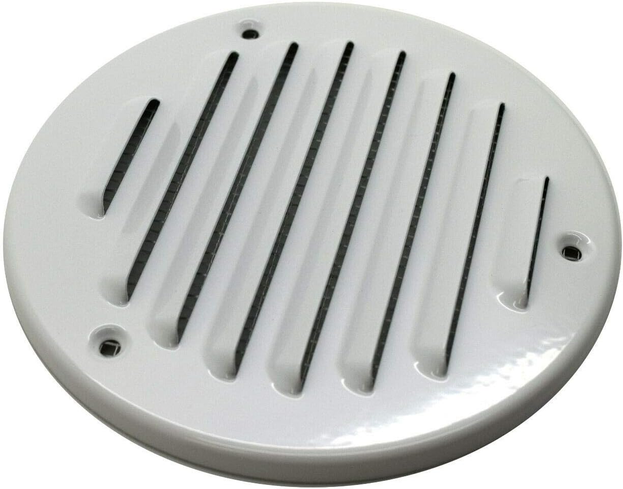 White Louvred Wall Vent Grille with Flyscreen, Fits 125 mm / 5 in Ducts, Round Ventilation Grille with Flat Back