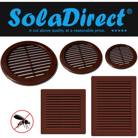 Brown Louvred Wall Vent Grille with Flyscreen and Screw Covers, 125 mm / 5 in, Air Ventilation Duct Cover with Flat Back