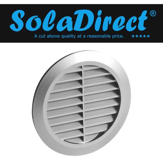Silver Louvred Wall Vent Grille with Flyscreen for 125 mm / 5" Round Wall Outlet - Air Ventilation Duct Cover with Flange