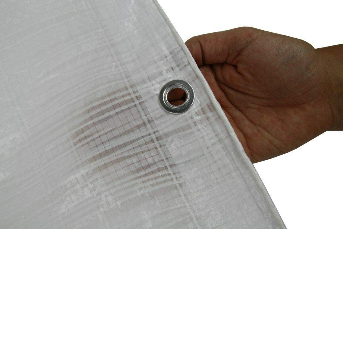 1.5 x 2 m Tarpaulin Waterproof Heavy Duty Cover Ground Sheet Camping with 4 Tarp Clips + 10m / 30ft Bungee Cord (White - 90GSM)