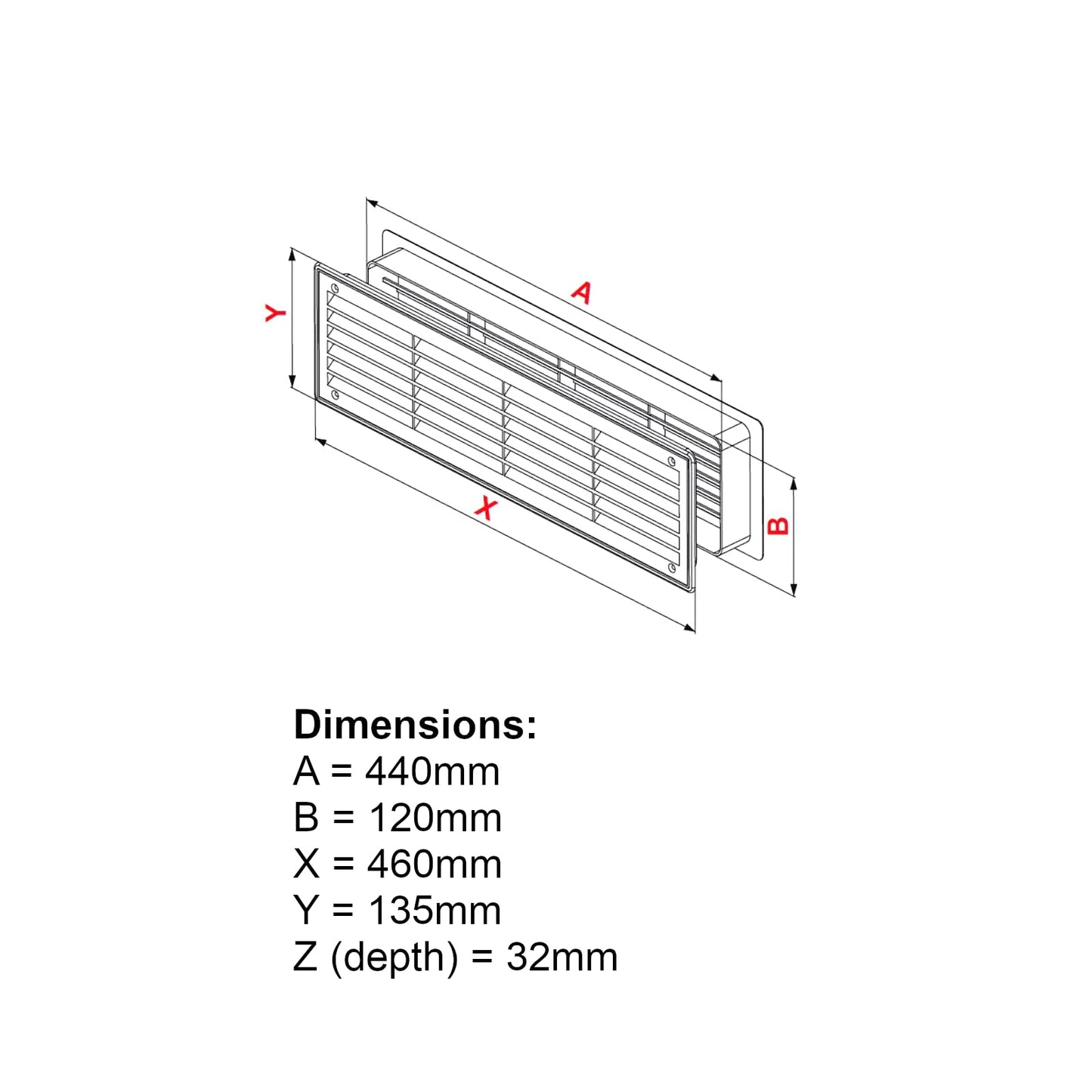 Door Air Vent Grille 460 x 135 mm / 18.1 x 5.3 in Double-Sided Ventilation Cover ABS Plastic (White)