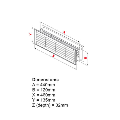 Door Air Vent Grille 460 x 135 mm / 18.1 x 5.3 in Double-Sided Ventilation Cover ABS Plastic (White)