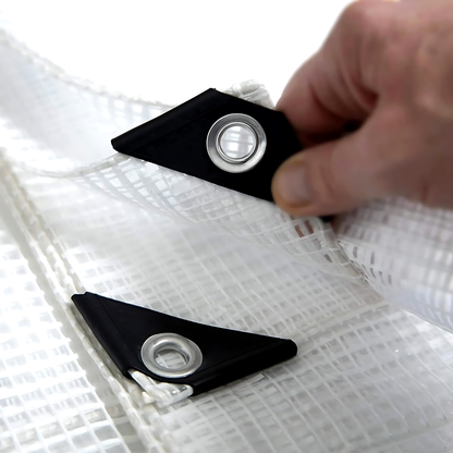 Clear Mesh Tarpaulin 8 x 12 m 100 GSM Waterproof Transparent UV Resistant Poly Mesh Cover, Aluminium Eyelets, 10m Bungee