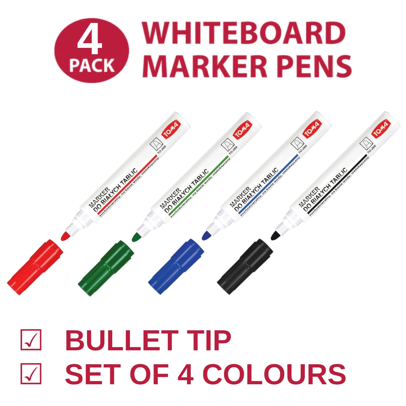 Whiteboard Marker Pens Set of 4 Colours - Dry Wipe Pens Non Toxic Low Odour - Easy Erasable White Board Markers for School Office