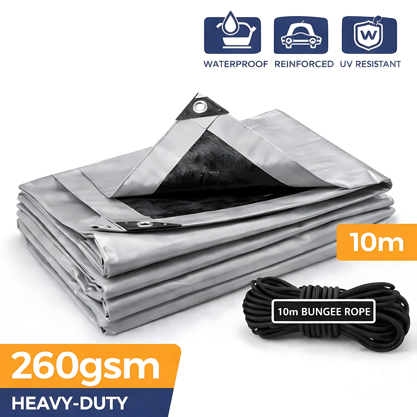 Heavy Duty Silver Tarpaulin 3 x 4 m 260 GSM Waterproof Weather Resistant Poly Tarp, Reinforced Edges & Eyelets, 10m Bungee