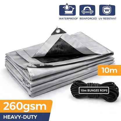 Heavy Duty Silver Tarpaulin 1.5 x 2 m 260 GSM Waterproof Weather Resistant Poly Tarp, Reinforced Edges & Eyelets, 10m Bungee