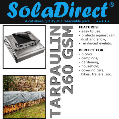 8 x 8 m Heavy-Duty Tarpaulin Cover - Silver/Black 260GSM - Waterproof, Frost-Resistant, UV Protection, Multipurpose, Groundsheet