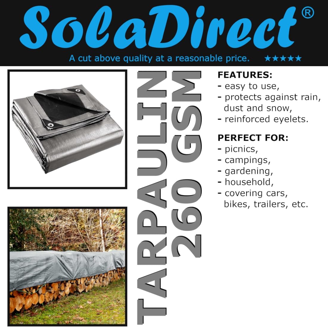 5 x 5 m Heavy-Duty Tarpaulin Cover - Silver/Black 260GSM - Waterproof, Frost-Resistant, UV Protection, Multipurpose, Groundsheet