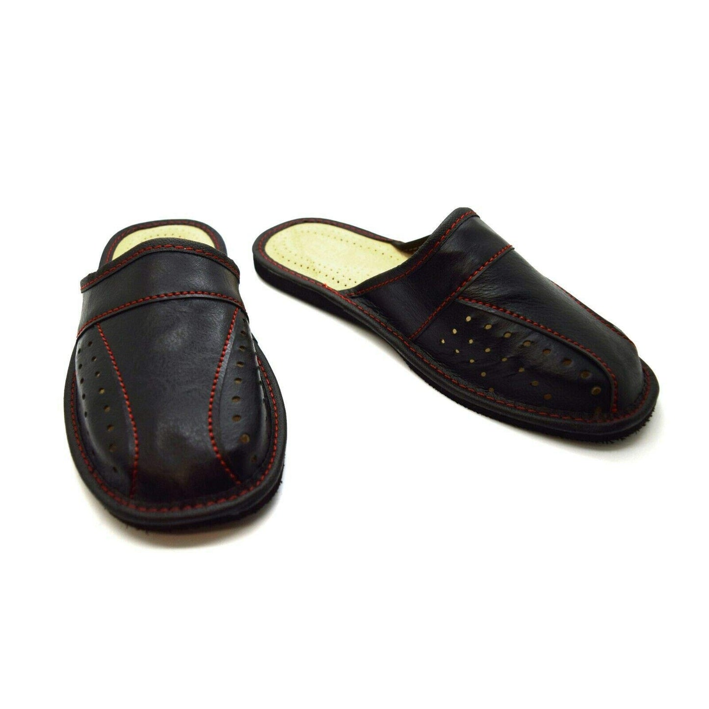 Men's Leather Slippers Shoes Comfort Sandals Slip On Mules Black (Size UK 12)
