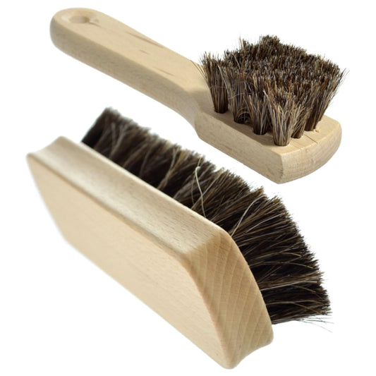 Set of Shoe Polish Applicator Brush & Shoe Buffing Brush - 100% Horsehair Bristles for Leather Boots, Shoes & Bags - Easy Grip