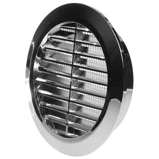 Chrome Louvred Wall Vent Grille with Flyscreen for 125 mm / 5" Round Wall Outlet - Air Ventilation Duct Cover with Flange