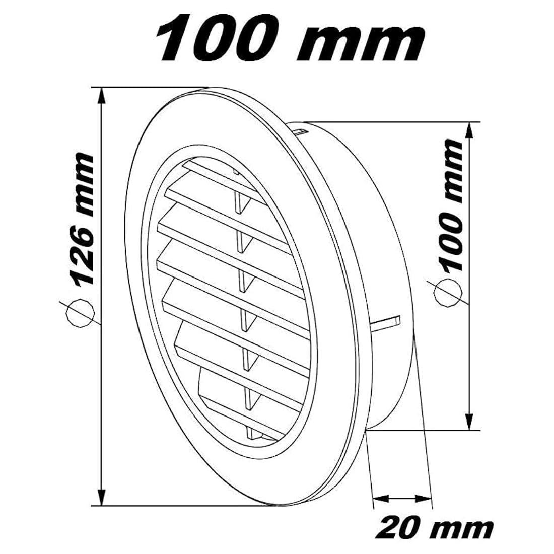 White Louvred Wall Vent Grille with Flyscreen for 100 mm / 4" Round Wall Outlet - Air Ventilation Duct Cover with Flange