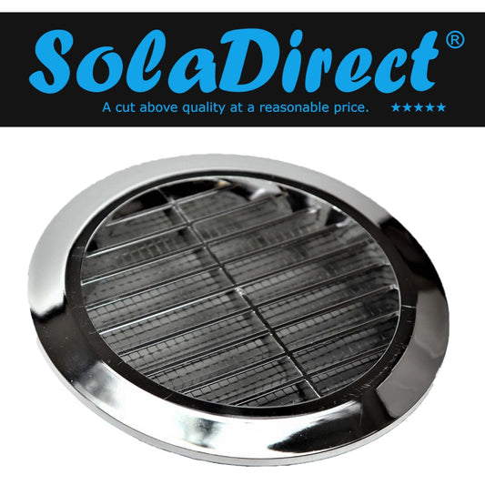 Chrome Louvred Wall Vent Grille with Flyscreen for 125 mm / 5" Round Wall Outlet - Air Ventilation Duct Cover with Flange