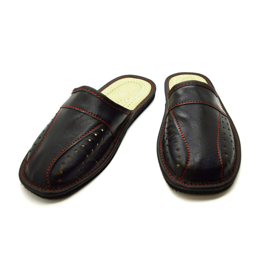 Men's Leather Slippers Shoes Comfort Sandals Slip On Mules Black (Size UK 12)