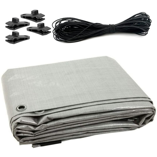 5 x 8 m Tarpaulin Waterproof Heavy Duty Cover Ground Sheet Camping with 4 Tarp Clips + 10m / 30ft Bungee Cord (Silver - 90GSM)