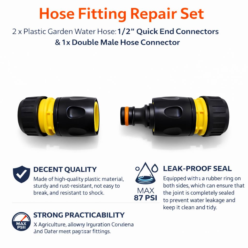 Hose Repair Set 1/2 Inch Quick Connectors - 2 End Hose Fittings Plus Double Male Joiner - Hozelock Gardena Compatible - Yellow