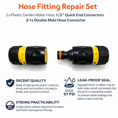 Hose Repair Set 1/2 Inch Quick Connectors - 2 End Hose Fittings Plus Double Male Joiner - Hozelock Gardena Compatible - Yellow