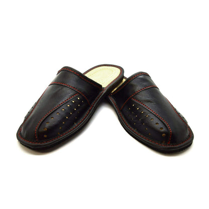 Men's Leather Slippers Shoes Comfort Sandals Slip On Mules Black (Size UK 10)