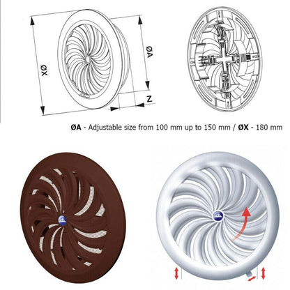 100-150 mm (adjustable) Brown Round Air Vent Grille Adjustable Shutter Duct Pipe