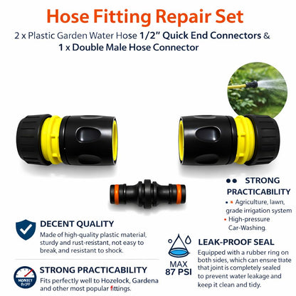 Hose Repair Set 1/2 Inch Quick Connectors - 2 End Hose Fittings Plus Double Male Joiner - Hozelock Gardena Compatible - Yellow