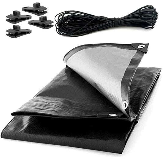 8 x 10m Tarpaulin Waterproof Heavy Duty Cover Ground Sheet Camping with 4 Tarp Clips + 10m / 30ft Bungee Cord (Black - 235GSM)