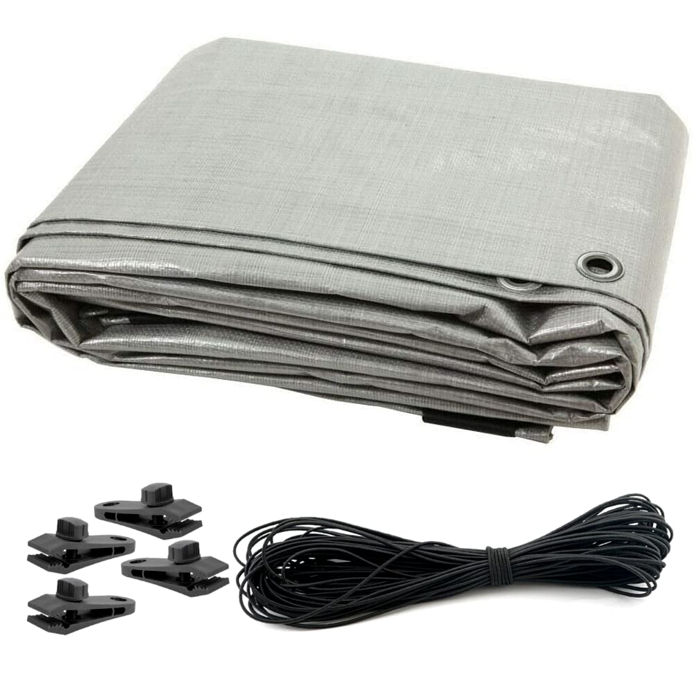 4 x 6 m Tarpaulin Waterproof Heavy Duty Cover Ground Sheet Camping with 4 Tarp Clips + 10m / 30ft Bungee Cord (Silver - 90GSM)