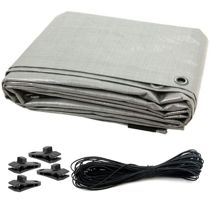 3 x 4 m Tarpaulin Waterproof Heavy Duty Cover Ground Sheet Camping with 4 Tarp Clips + 10m / 30ft Bungee Cord (Silver - 90GSM)