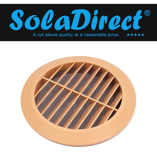 Beige Louvred Wall Vent Grille with Flyscreen for 125 mm / 5" Round Wall Outlet - Air Ventilation Duct Cover with Flange
