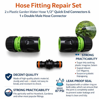 Hose Repair Set 1/2 Inch Quick Connectors - 2 End Hose Fittings Plus Double Male Joiner - Hozelock Gardena Compatible - Green