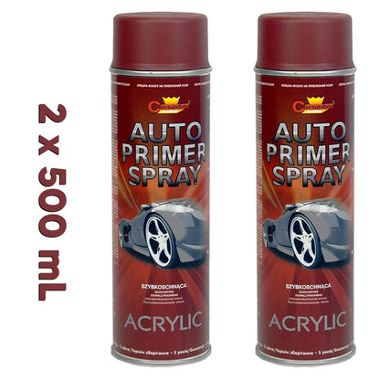 2 x 500 mL Red Acrylic Auto Primer Spray - Anti-Corrosion Undercoat for Steel and Cast Iron - for Car Body Panels, Alloy Wheels, Hub Caps and Metal Parts, Fast Drying, Hard and Flexible Base Coat