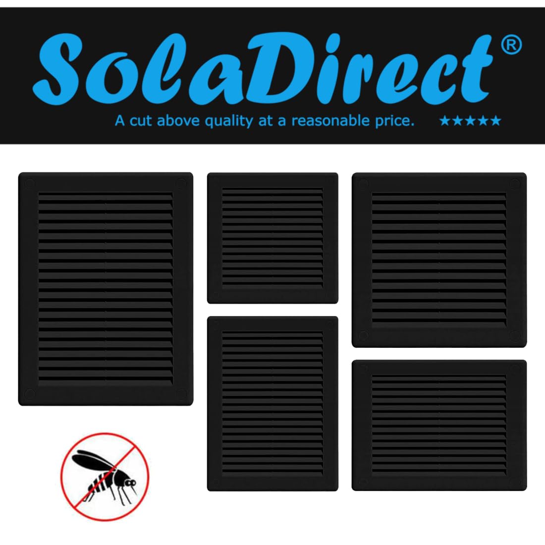 Black Louvred Wall Vent Grille with Flyscreen and Screw Covers, 300 x 300 mm, Air Ventilation Duct Cover with Flat Back