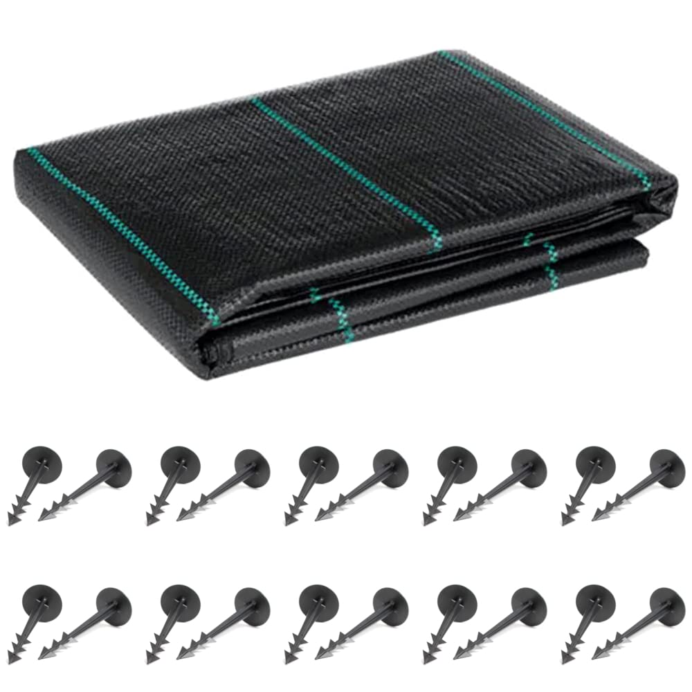 1 x 10 m / 3.2 x 32.8 ft Weed Control Membrane, Weed Control Woven Fabric, Ground Cover Sheet, 100 GSM, UV Stabilised + 20 Pegs