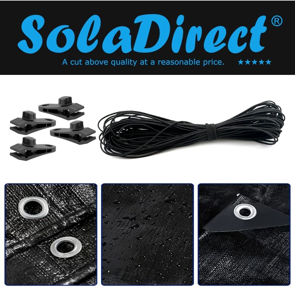 8 x 10m Tarpaulin Waterproof Heavy Duty Cover Ground Sheet Camping with 4 Tarp Clips + 10m / 30ft Bungee Cord (Black - 235GSM)