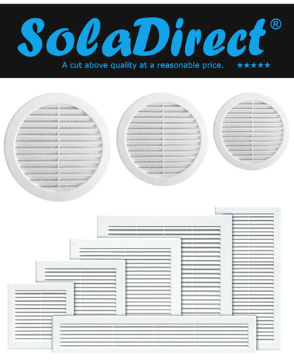 White Louvred Wall Vent Grille with Flyscreen and Screw Covers, 125 mm / 5 in, Air Ventilation Duct Cover with Flat Back