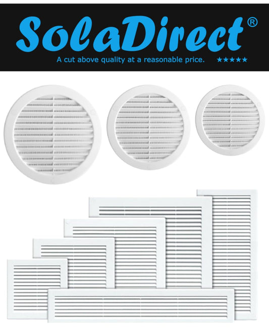 White Louvred Wall Vent Grille with Flyscreen and Screw Covers, 125 mm / 5 in, Air Ventilation Duct Cover with Flat Back