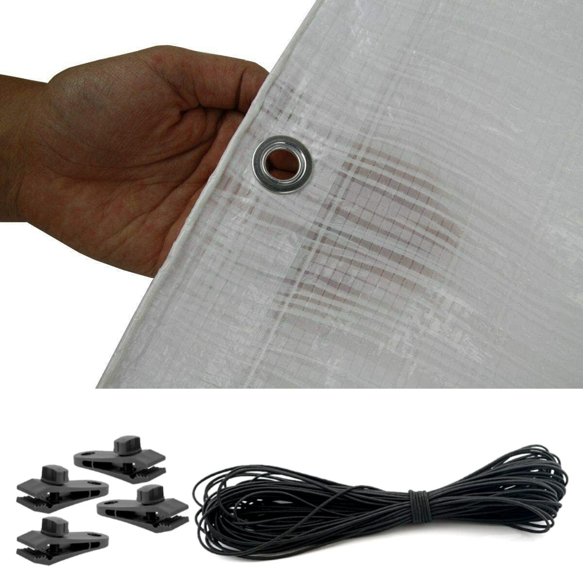 1.5 x 2 m Tarpaulin Waterproof Heavy Duty Cover Ground Sheet Camping with 4 Tarp Clips + 10m / 30ft Bungee Cord (White - 90GSM)